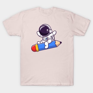 Cute Astronaut Flying With Pencil Rocket T-Shirt